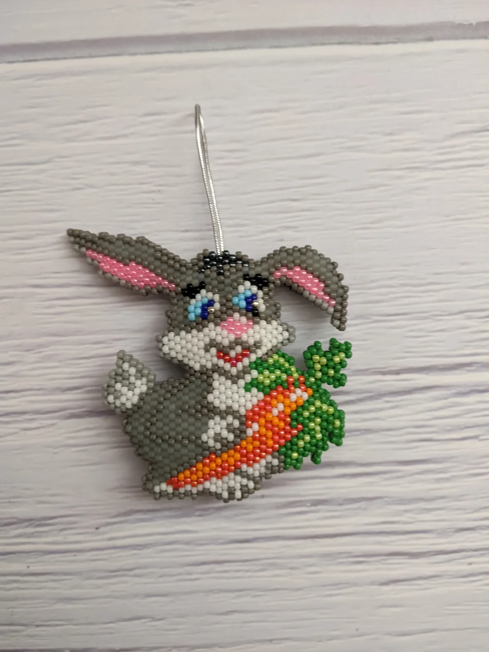 Gray Bunny with Carrot Beaded Hanging Ornament